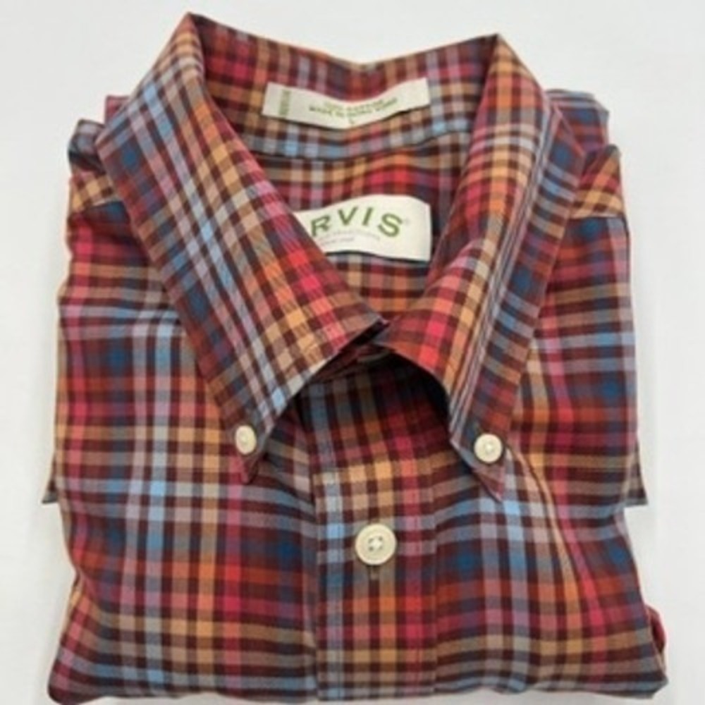 Orvis Mens Large Plaid Button Down Shirt Red Blue Orange Cotton Long Sleeve L - Picture 12 of 12